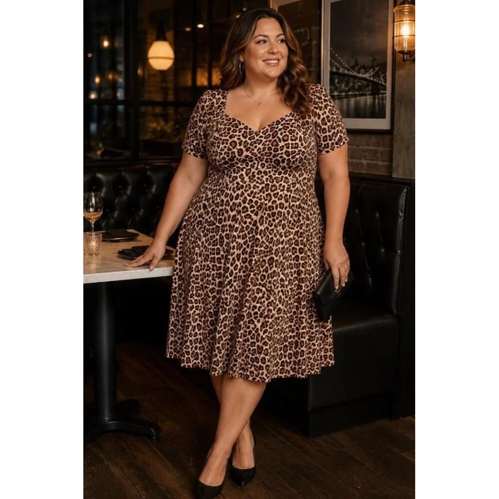 Torrid Dress Womens 3X Leopard Print Retro Chic Brown Midi Sweetheart Neck Plus - Picture 1 of 9